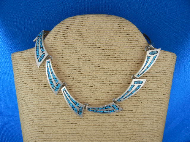 Taxco Mexico Silver Inlay Turquoise Necklace 60s