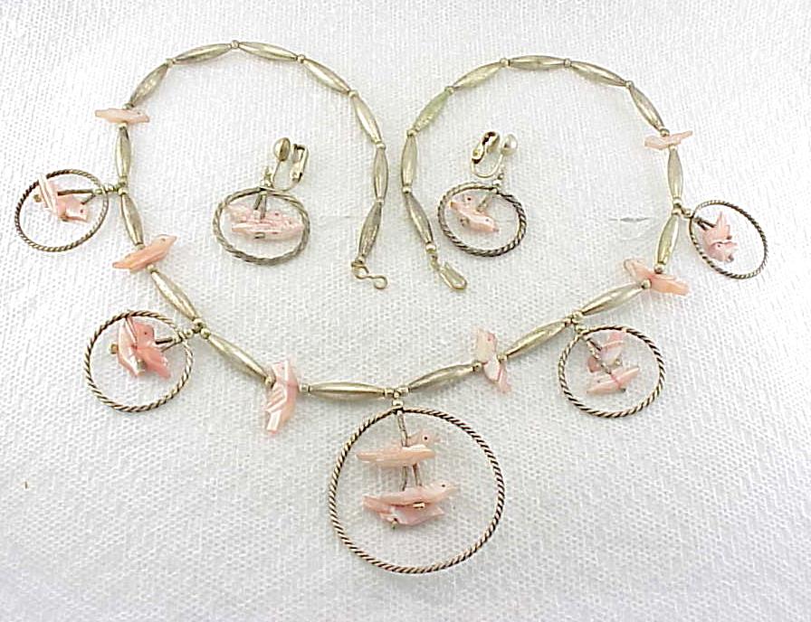 Native American Pearl Bird Fetish Sterling Silver Necklace & Earrings