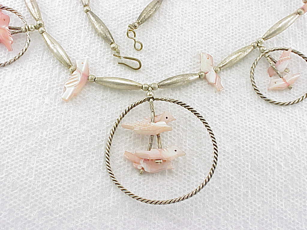 Native American Pearl Bird Fetish Sterling Silver Necklace & Earrings