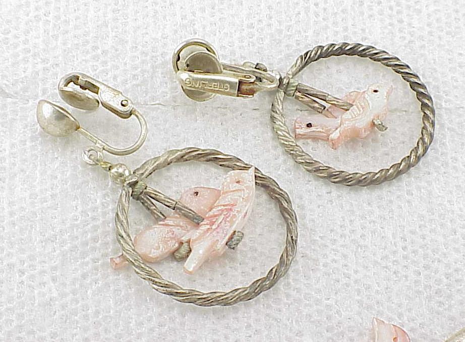 Native American Pearl Bird Fetish Sterling Silver Necklace & Earrings