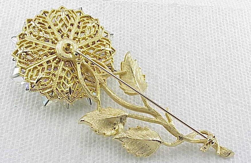 Vintage Aurora Borealis Glass Crystal And Rhinestone Flower Brooch