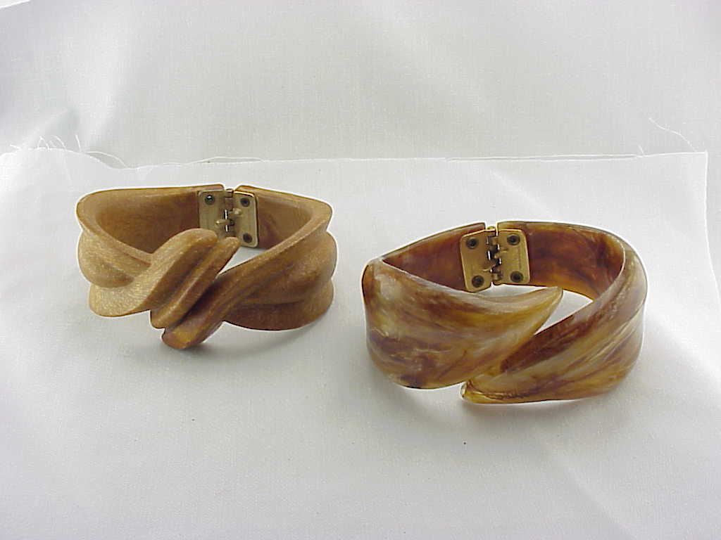 2 Vintage Hong Kong Clamp Bracelets - 1 Lucite, 1 Wood