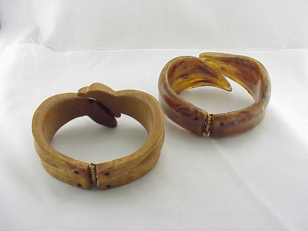 2 Vintage Hong Kong Clamp Bracelets - 1 Lucite, 1 Wood