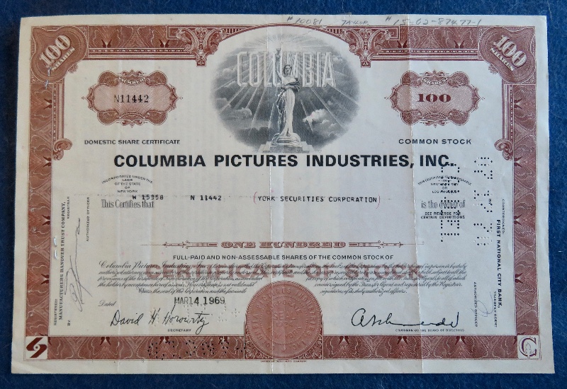 1969 Columbia Pictures Industries Incorporated Stock Certificate