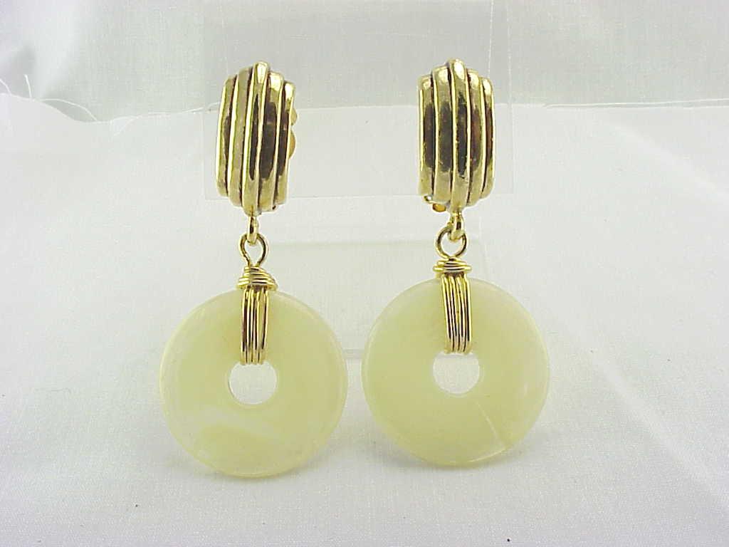 Vintage Dangling Marbled Ivory Lucite Gold Tone Clip Earrings