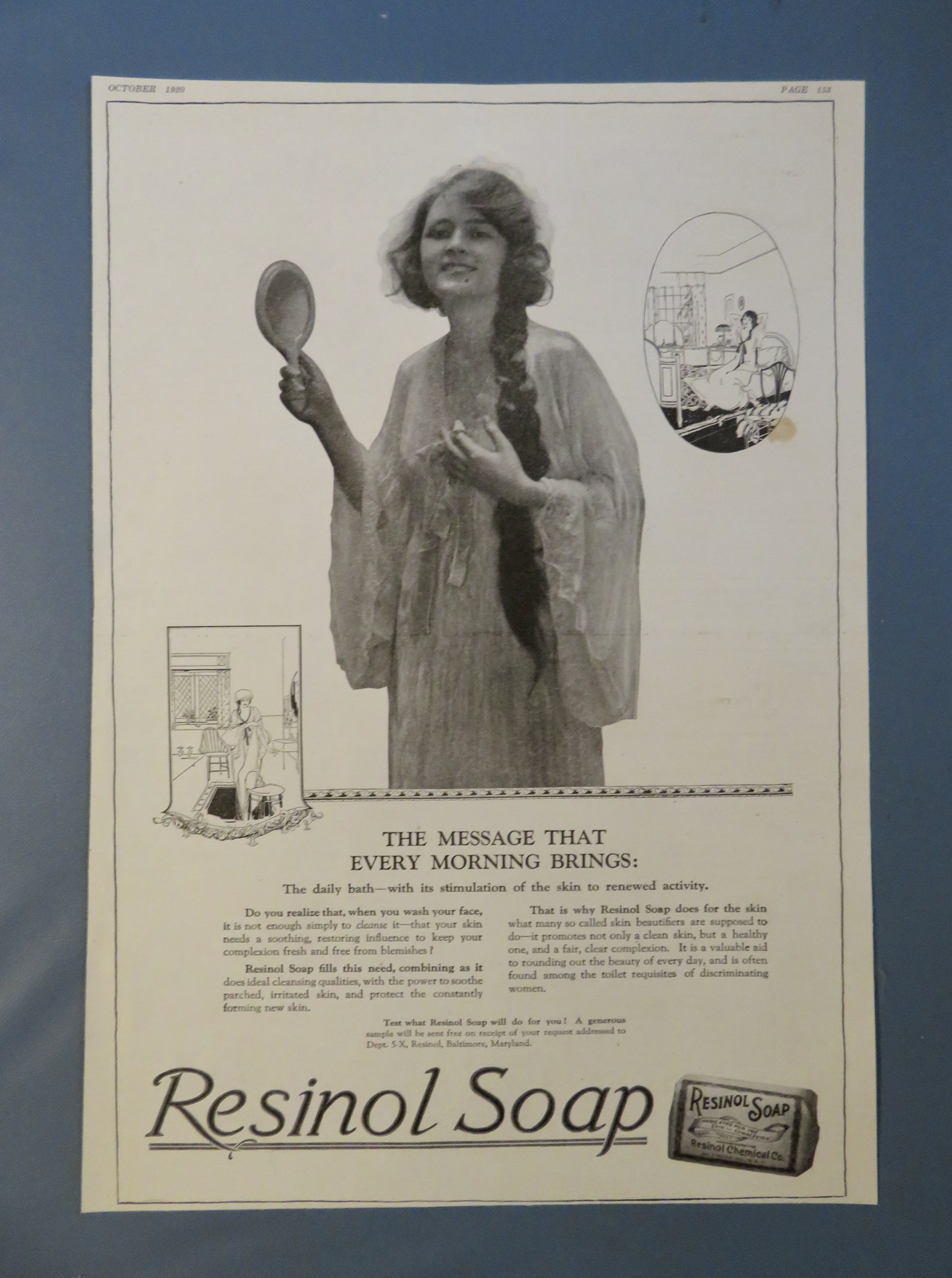 1920 Resinol Soap with Woman Holding Mirror & Smiling