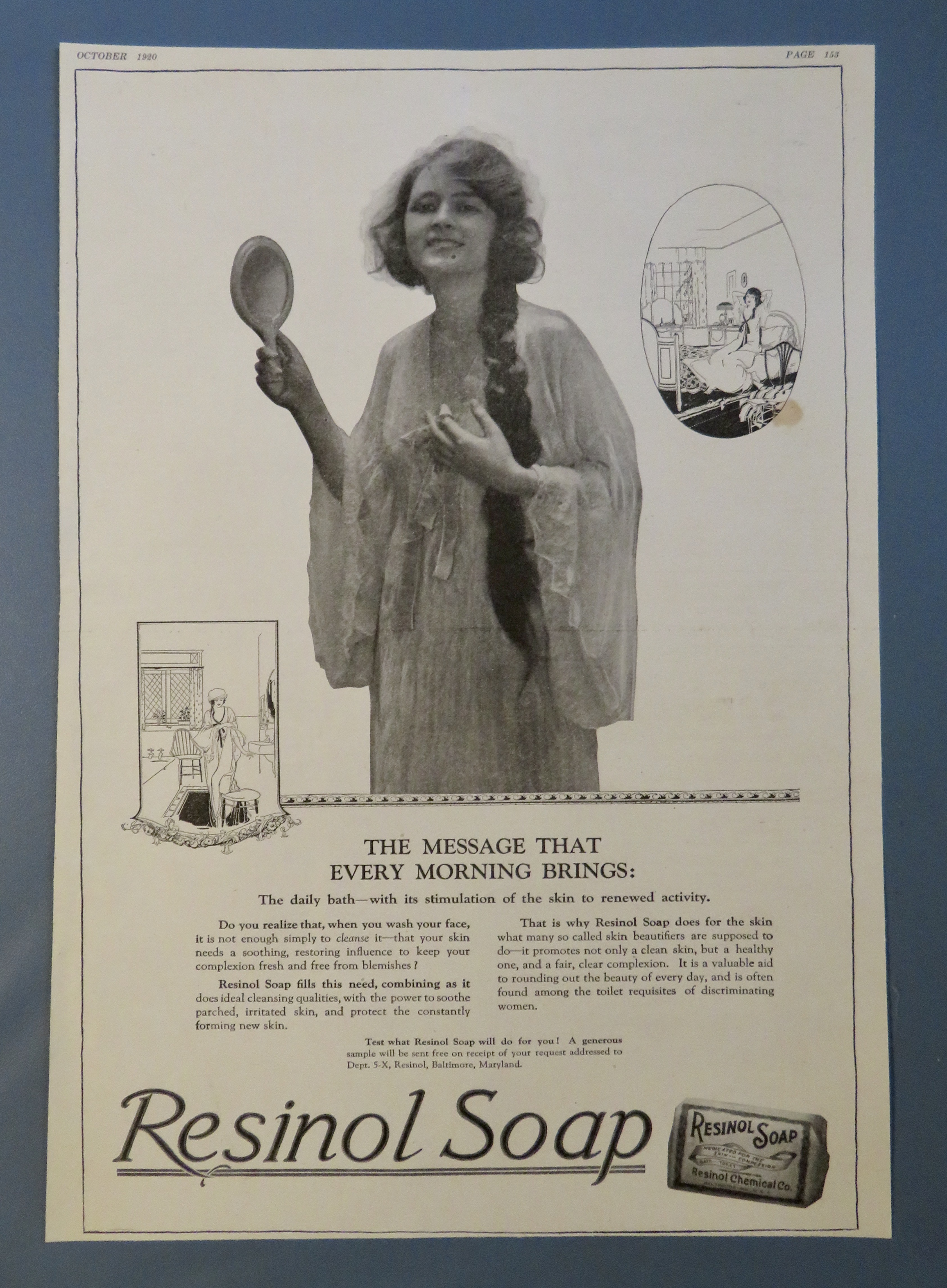 1920 Resinol Soap with Woman Holding Mirror & Smiling