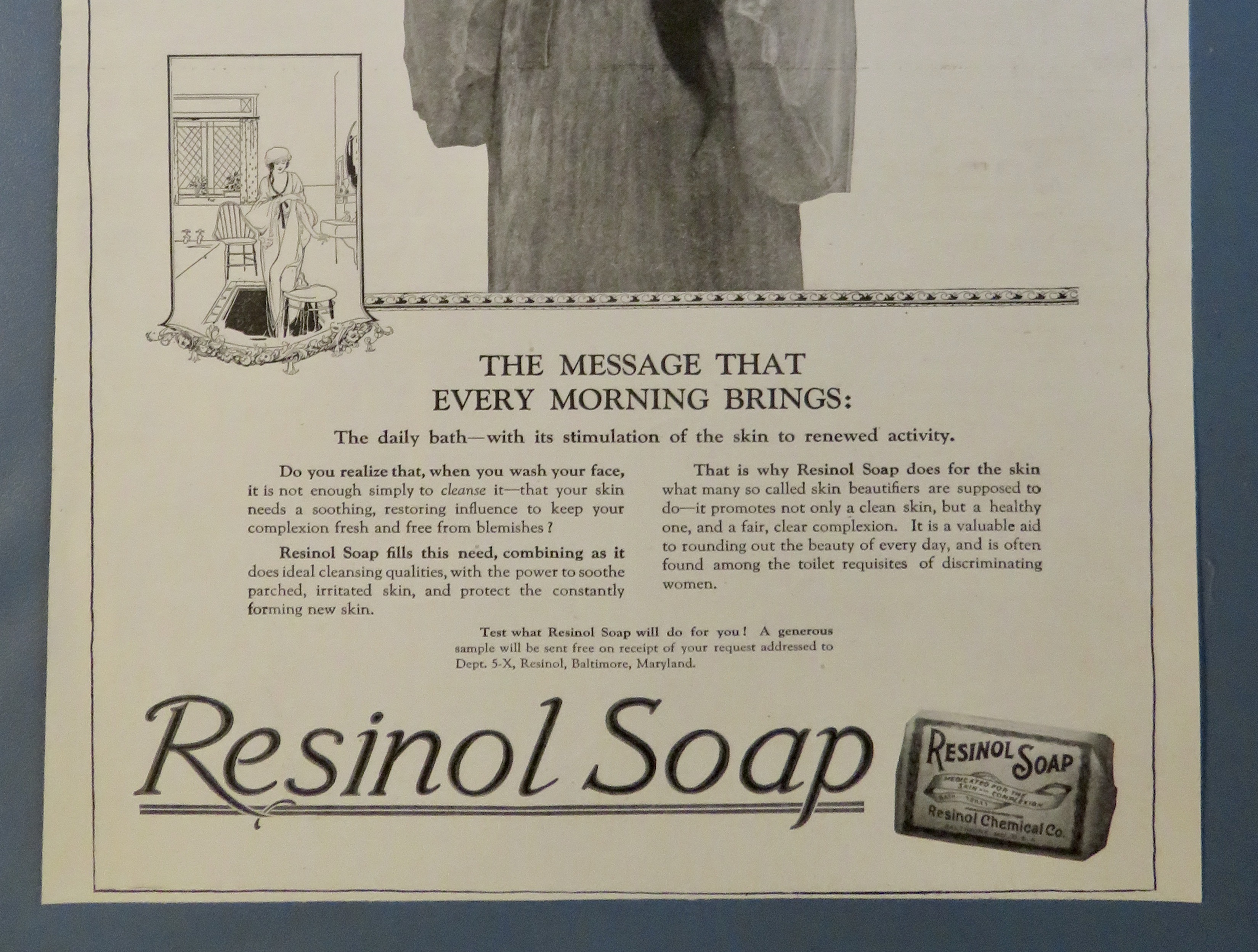 1920 Resinol Soap with Woman Holding Mirror & Smiling