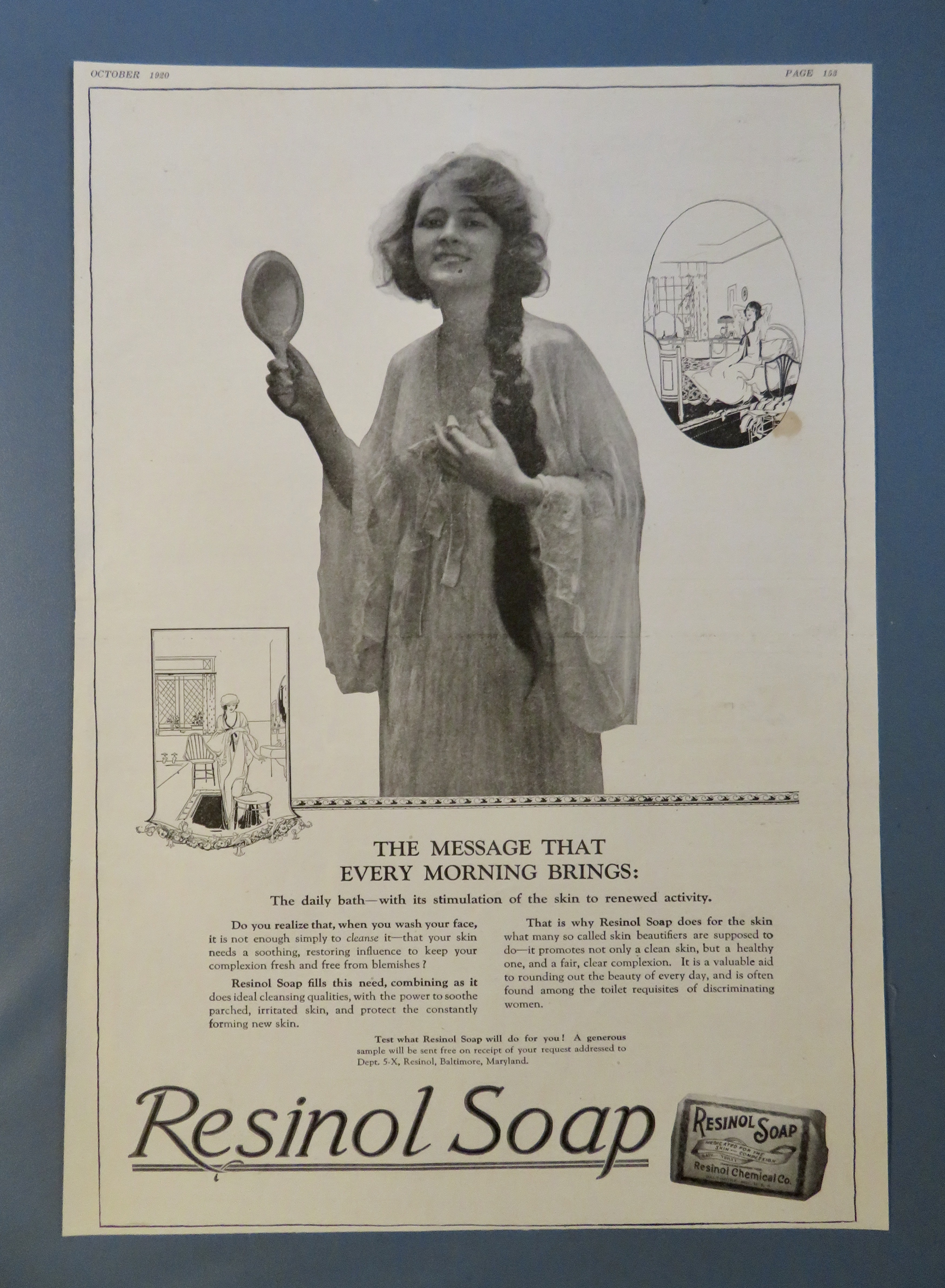 1920 Resinol Soap with Woman Holding Mirror & Smiling