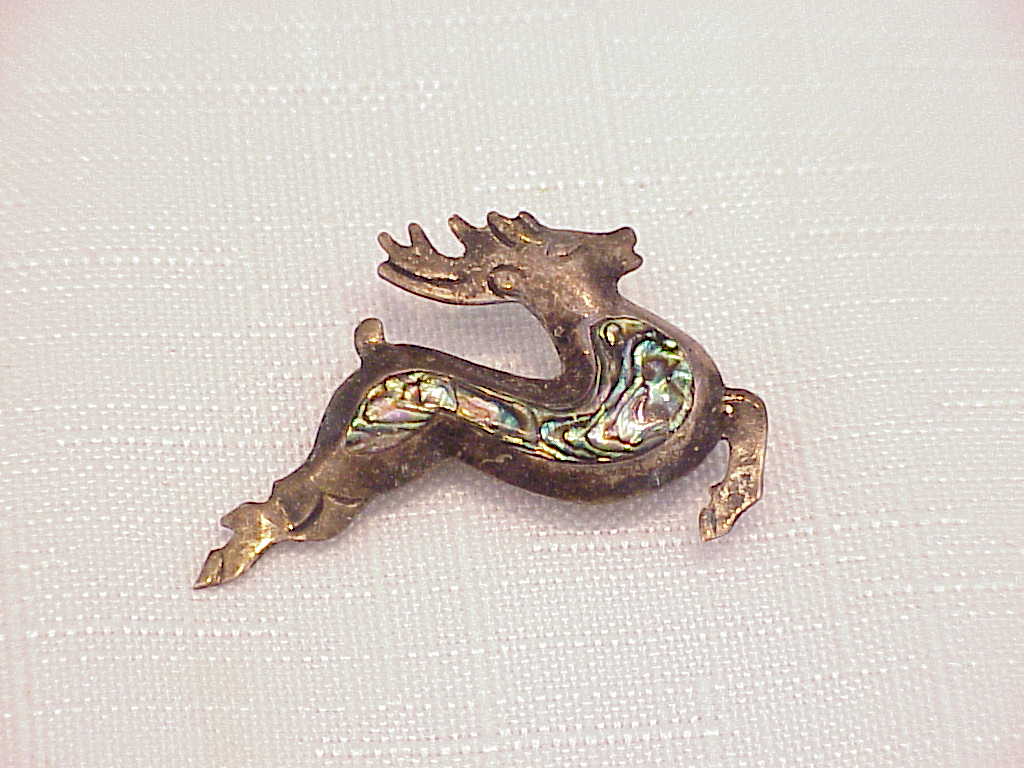 Vintage Taxco Mexico Sterling Silver Abalone Christmas Reindeer Brooch