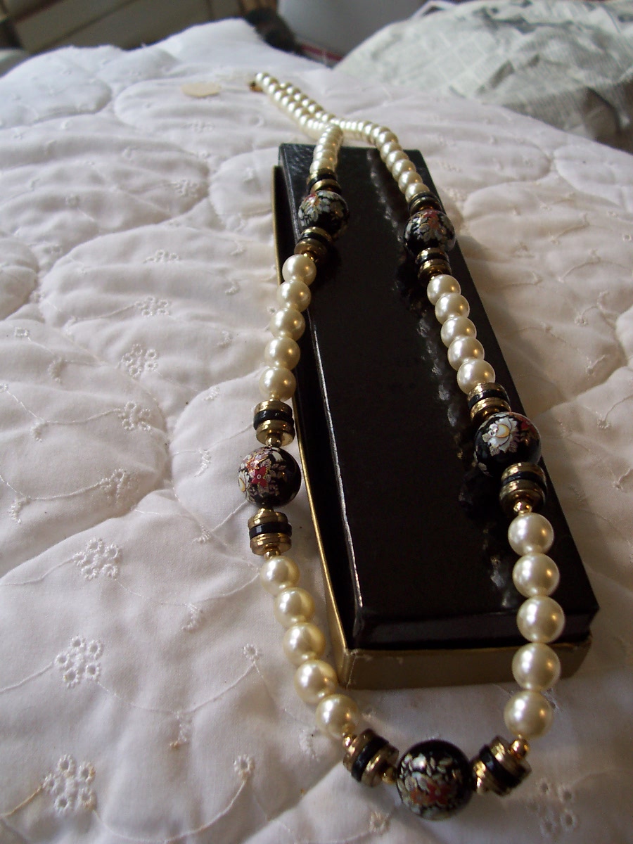 Beaded Necklace Painted Bead  Faux Pearl Long