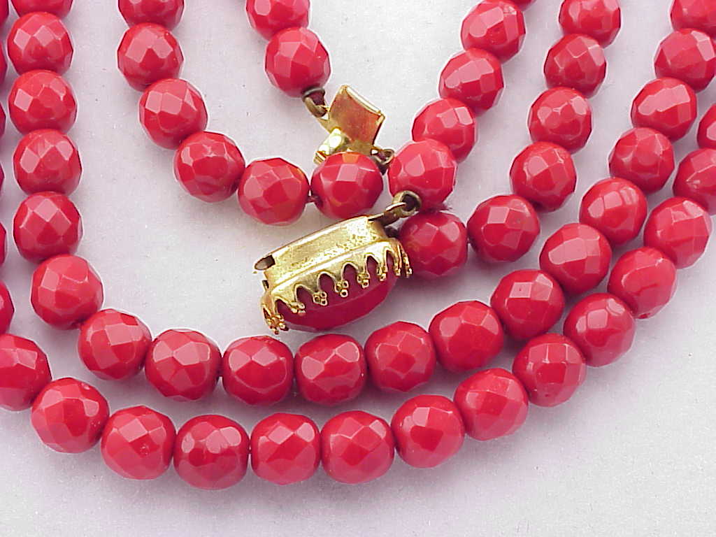 Vintage Double Strand Red Faceted Glass Bead Necklace