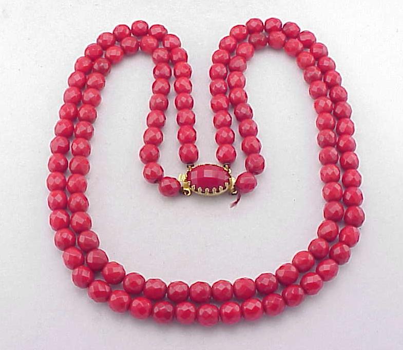 Vintage Double Strand Red Faceted Glass Bead Necklace