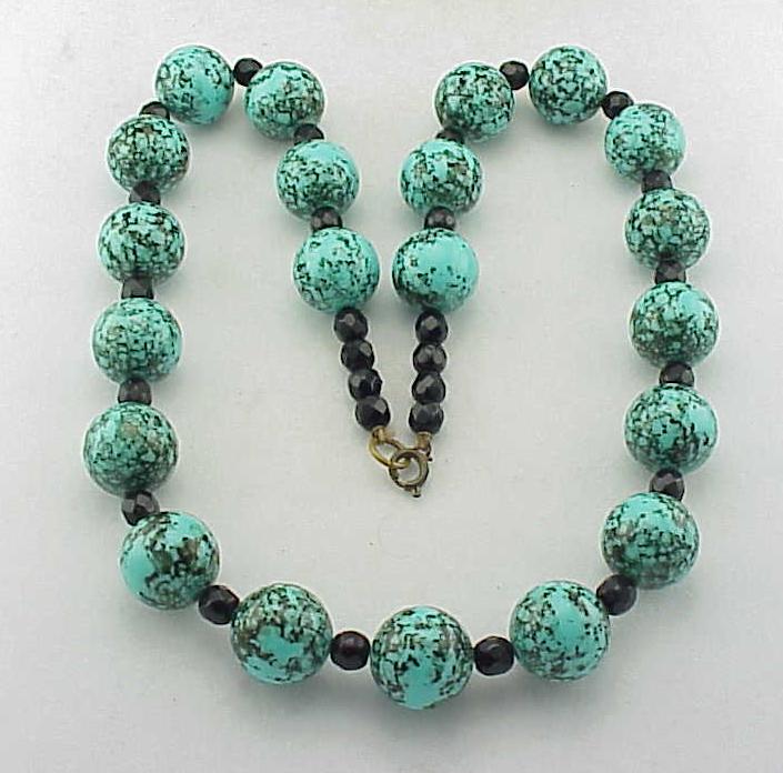 Vintage Turquoise Lucite Bead And Black Glass Bead Necklace