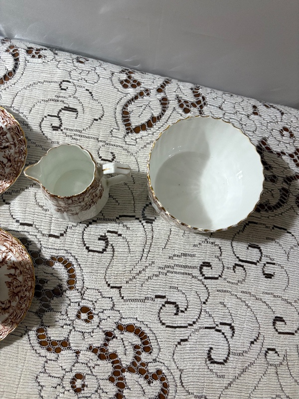 Victorian Brown Transferware Teaset 20pc teapot and lid creamer master sugar bowl 8 cups and 8 saucers Chrysanthemums (mums)