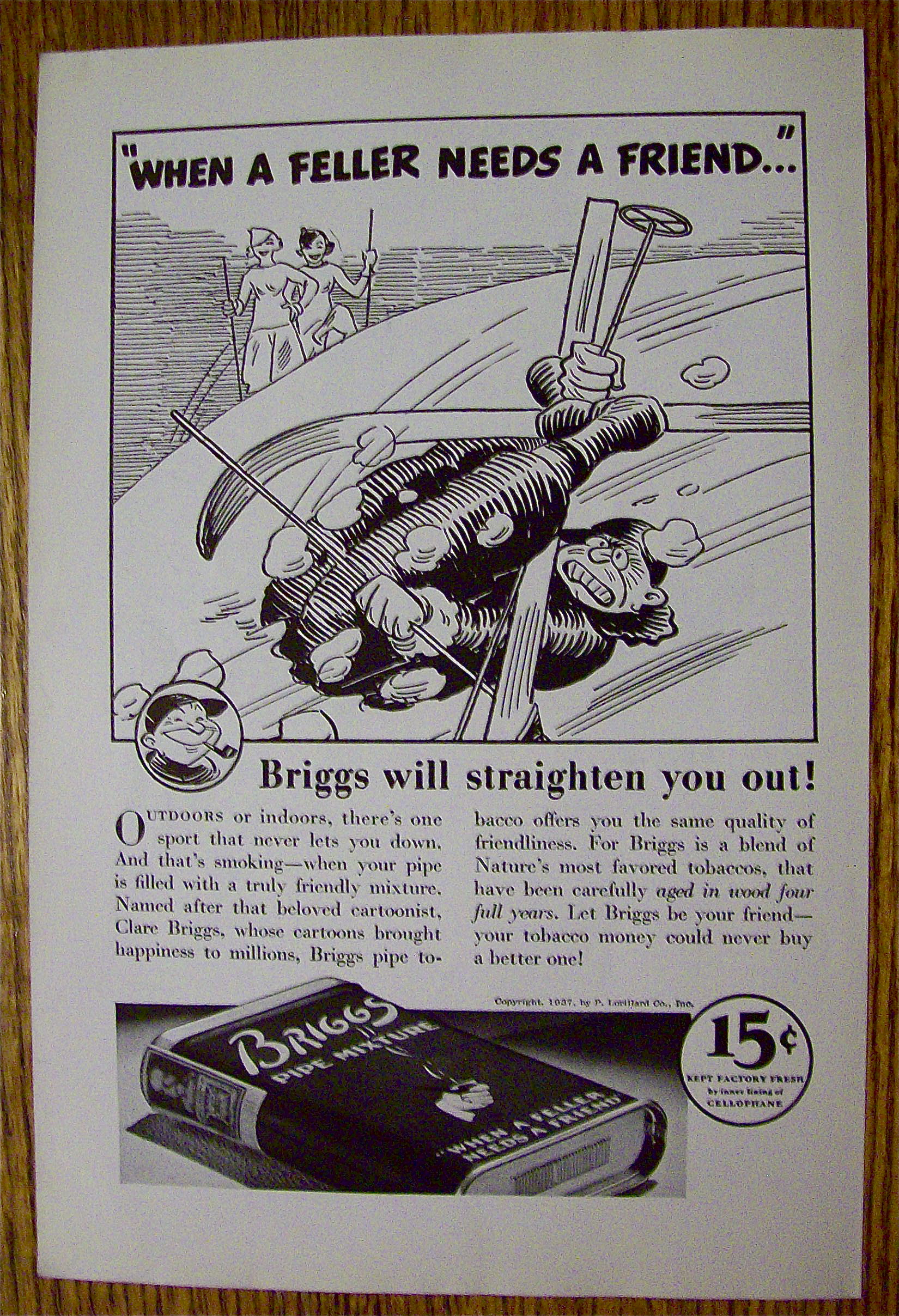 1937 Briggs Pipe Mixture with Man Falling While Skiing