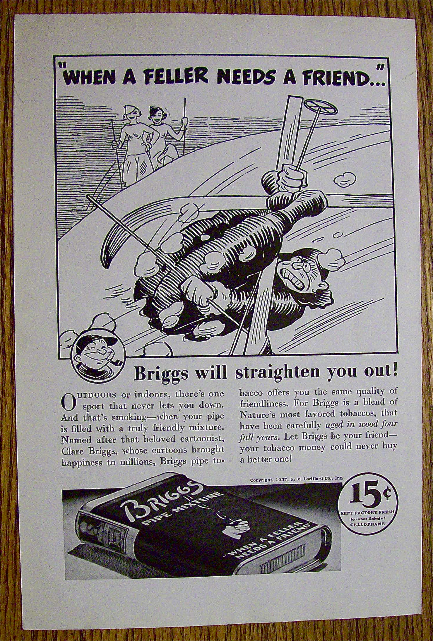 1937 Briggs Pipe Mixture with Man Falling While Skiing