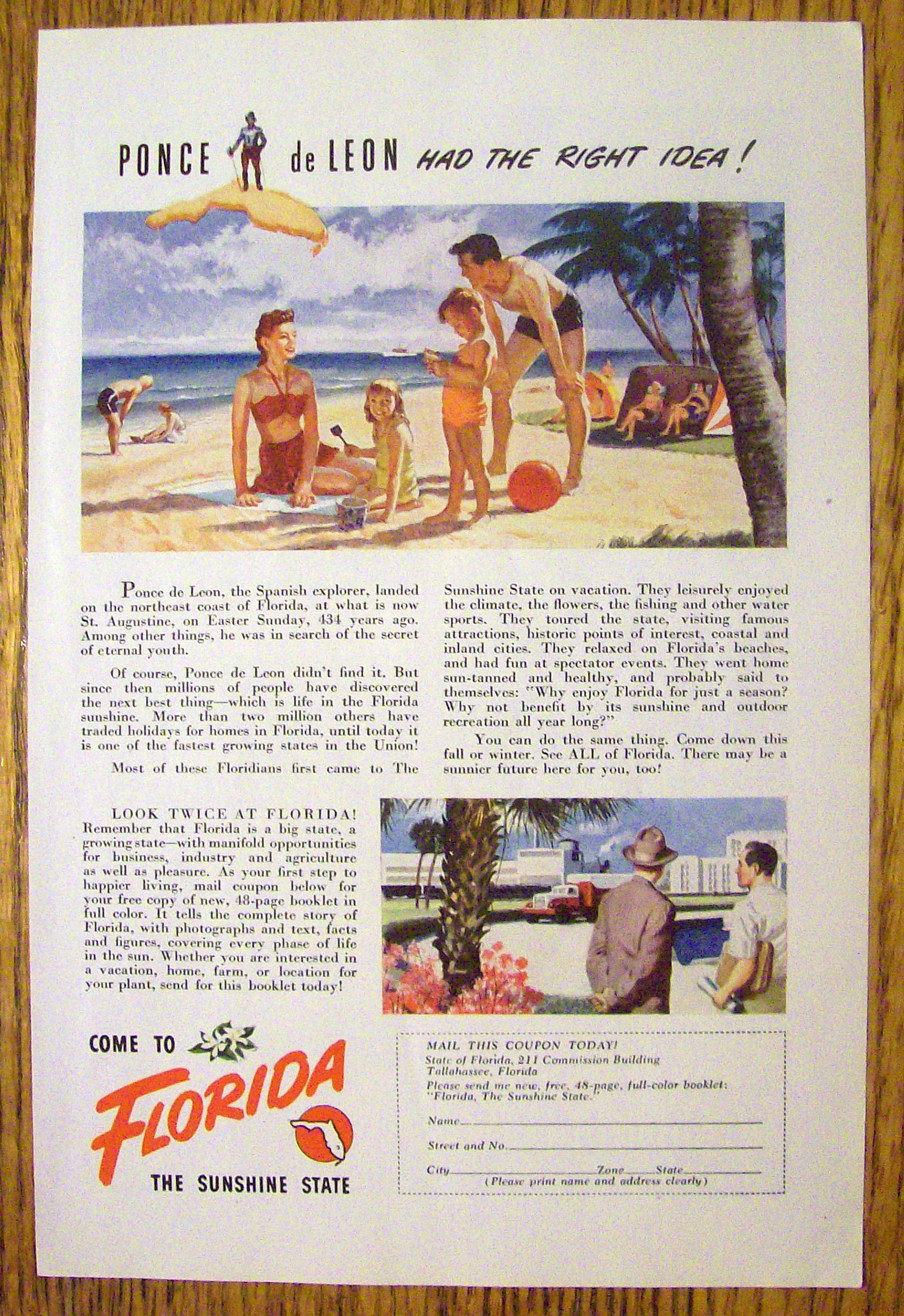 1947 Come to Florida (The Sunshine State) w/Beach Scene