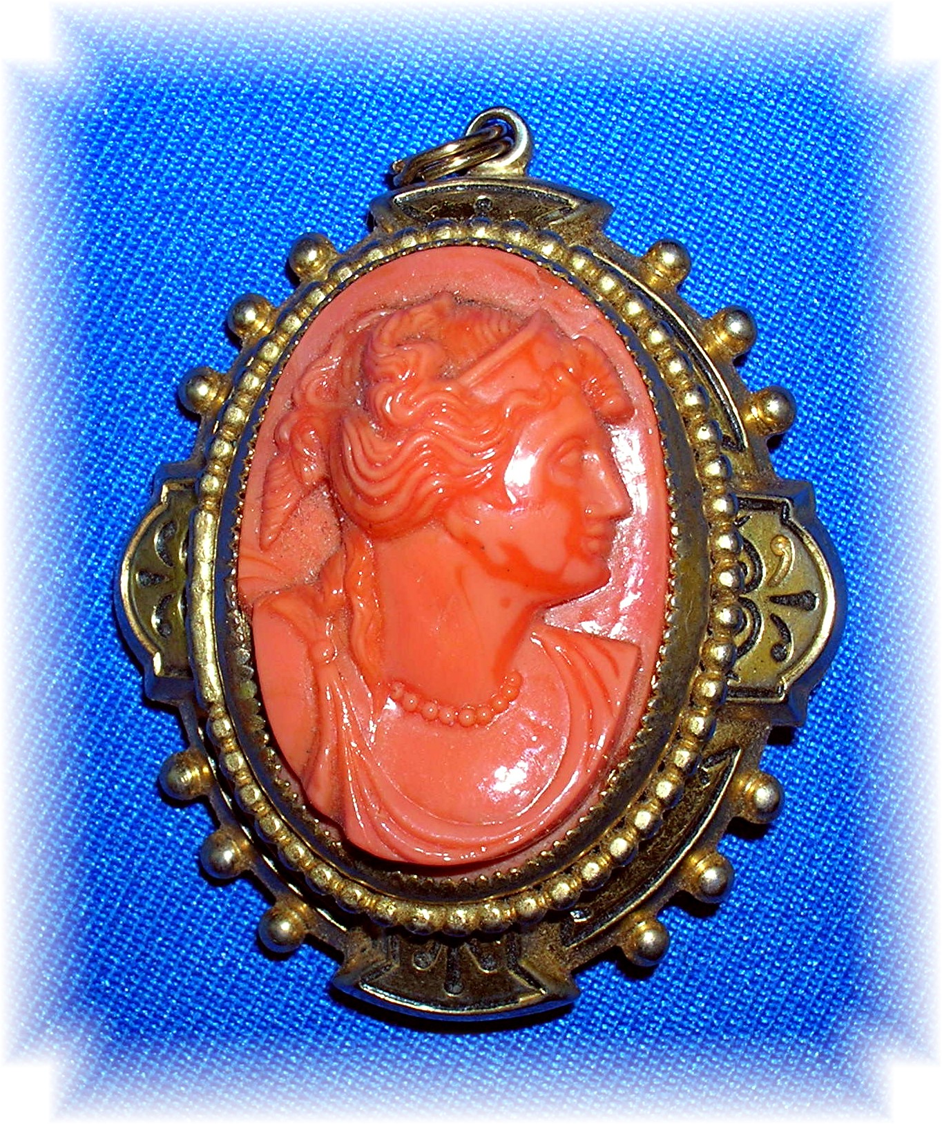 Antique Salmon Coral Glass  Ornate  Cameo Locket