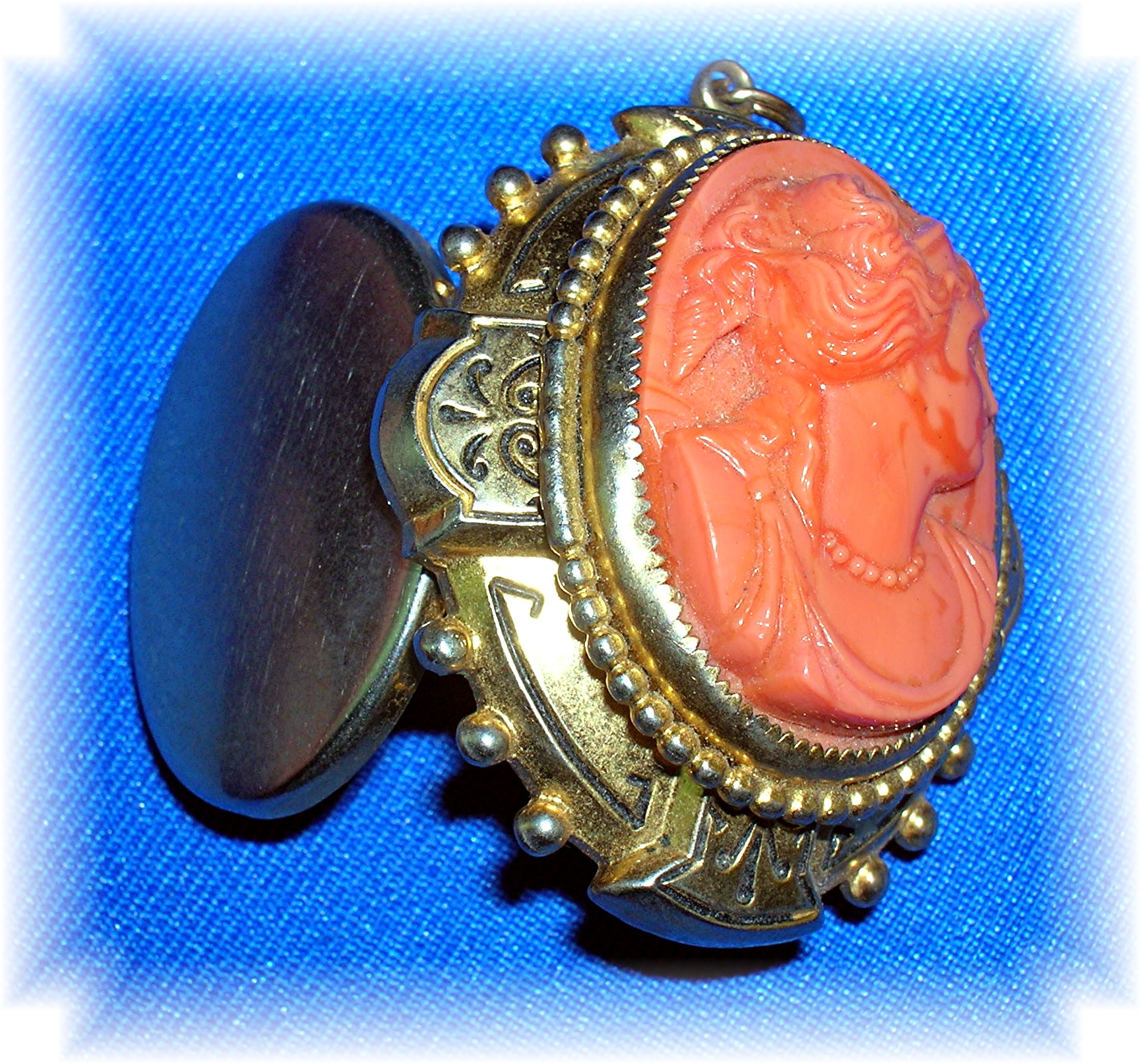 Antique Salmon Coral Glass  Ornate  Cameo Locket
