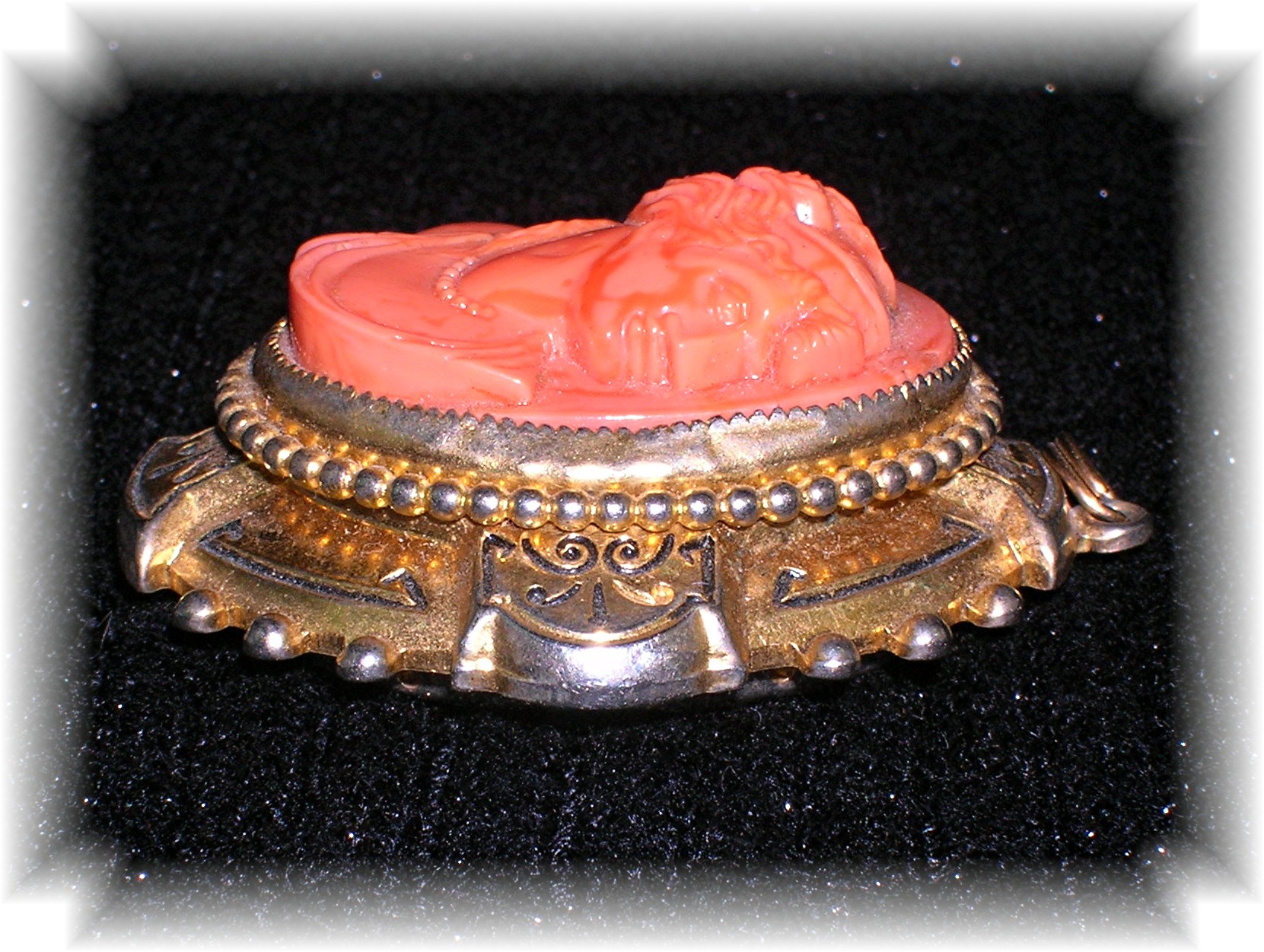 Antique Salmon Coral Glass  Ornate  Cameo Locket