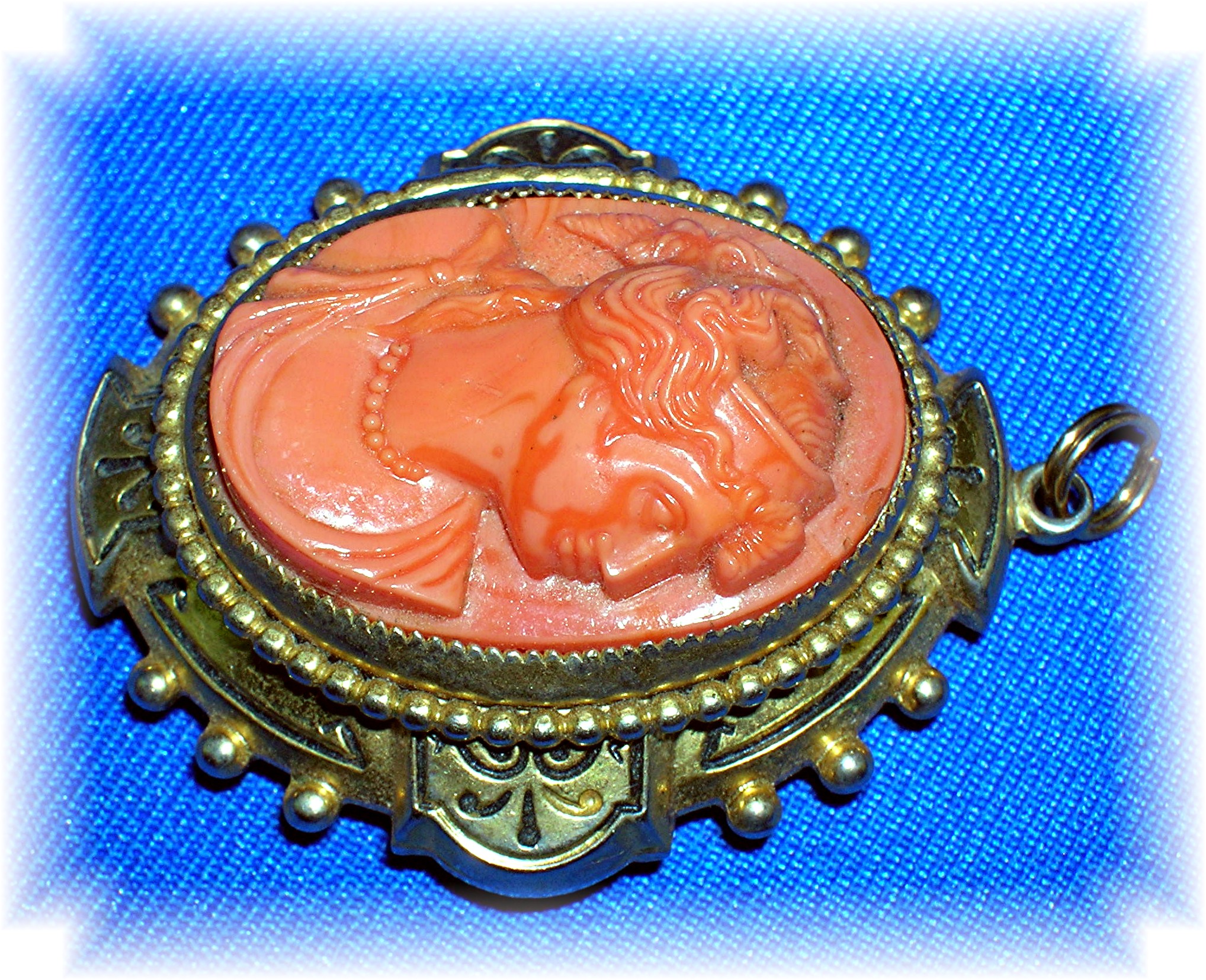 Antique Salmon Coral Glass  Ornate  Cameo Locket