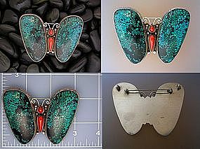 Coral Sterling Silver Tibetan Turquoise Butterfly Brooc