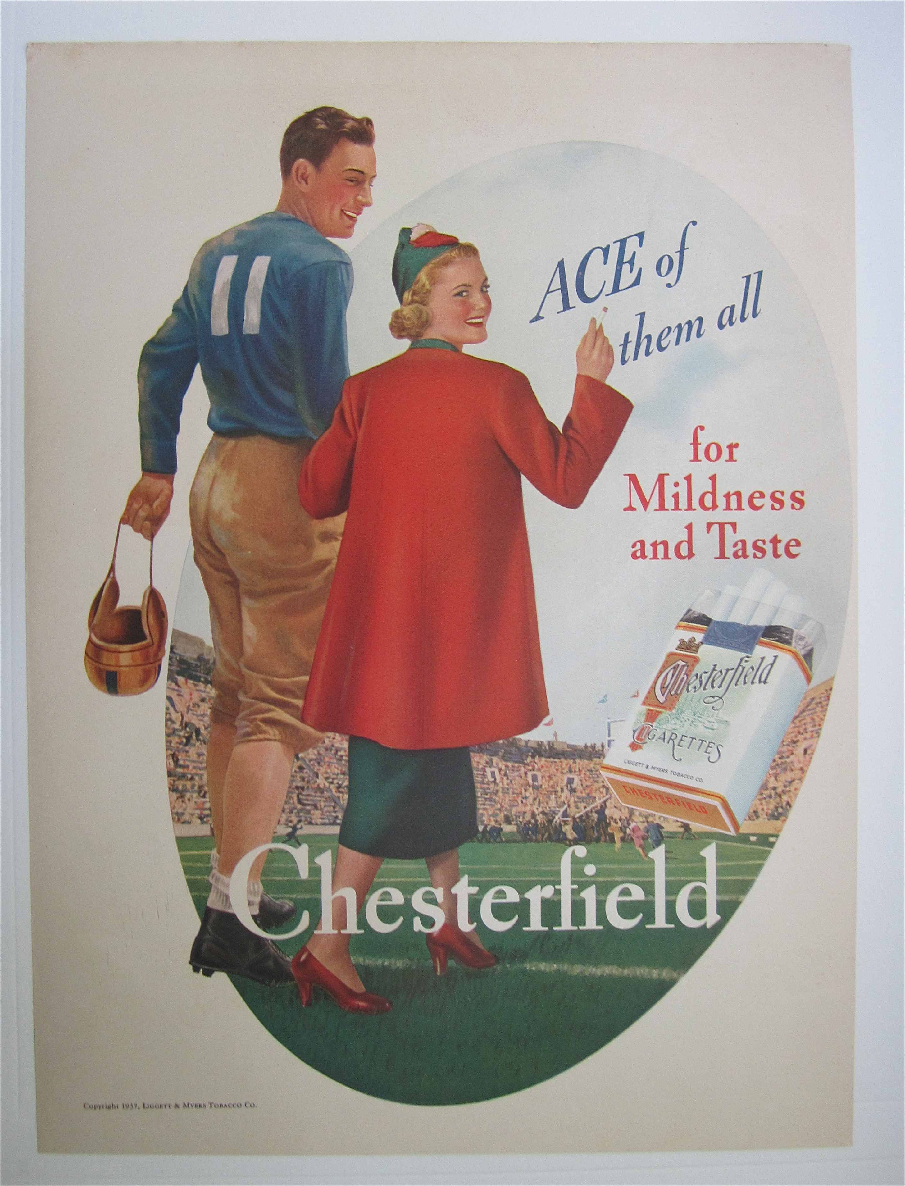1937 Chesterfield Cigarettes w/ Girl & Football Player