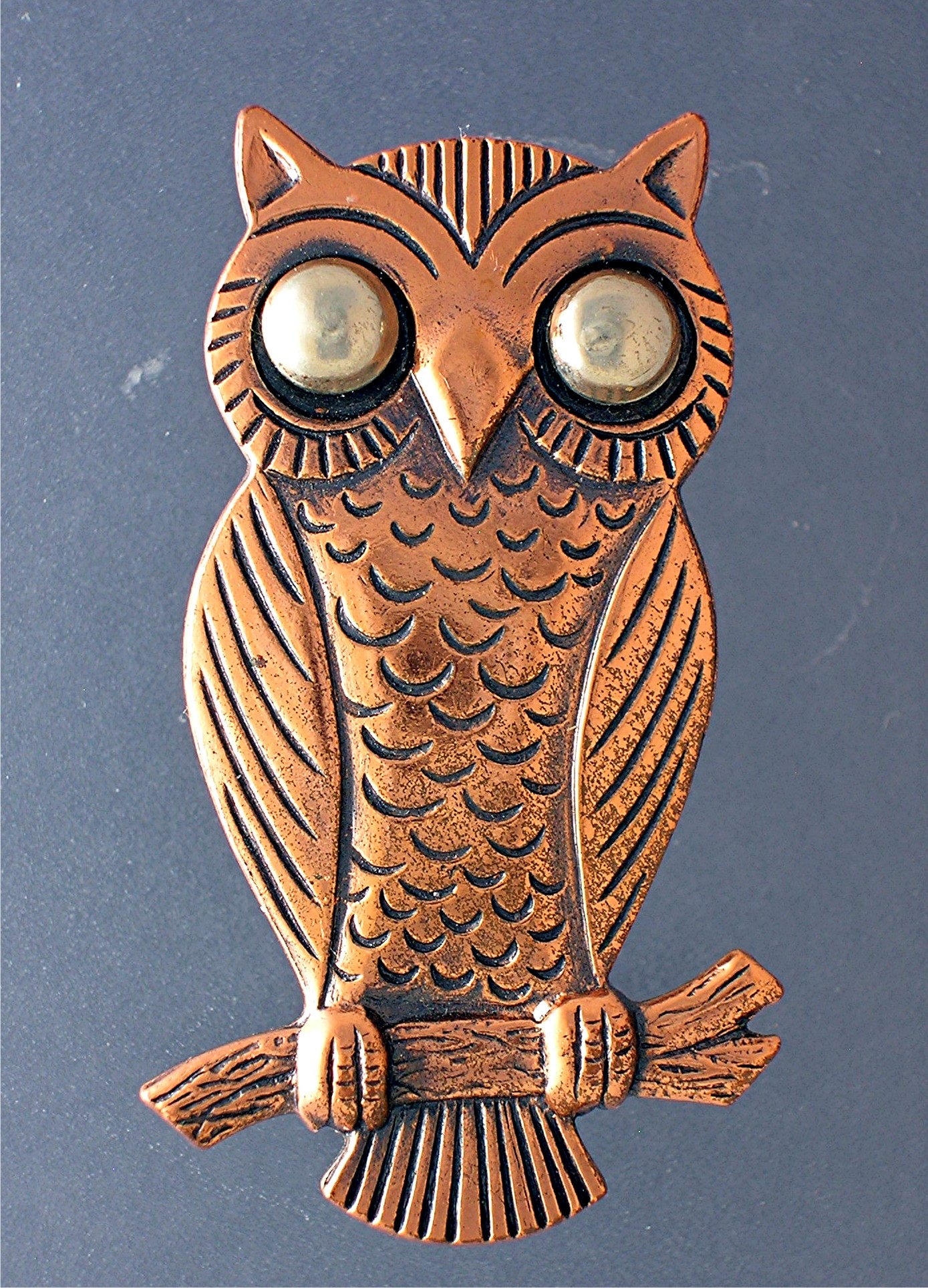 Copper Owl brooch Silver Eyes