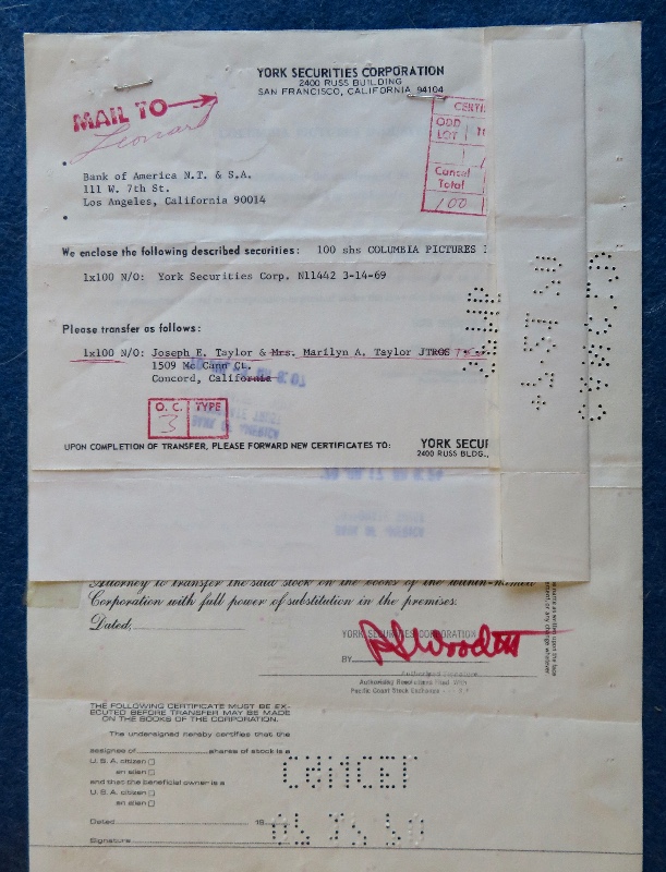 1969 Columbia Pictures Industries Incorporated Stock Certificate