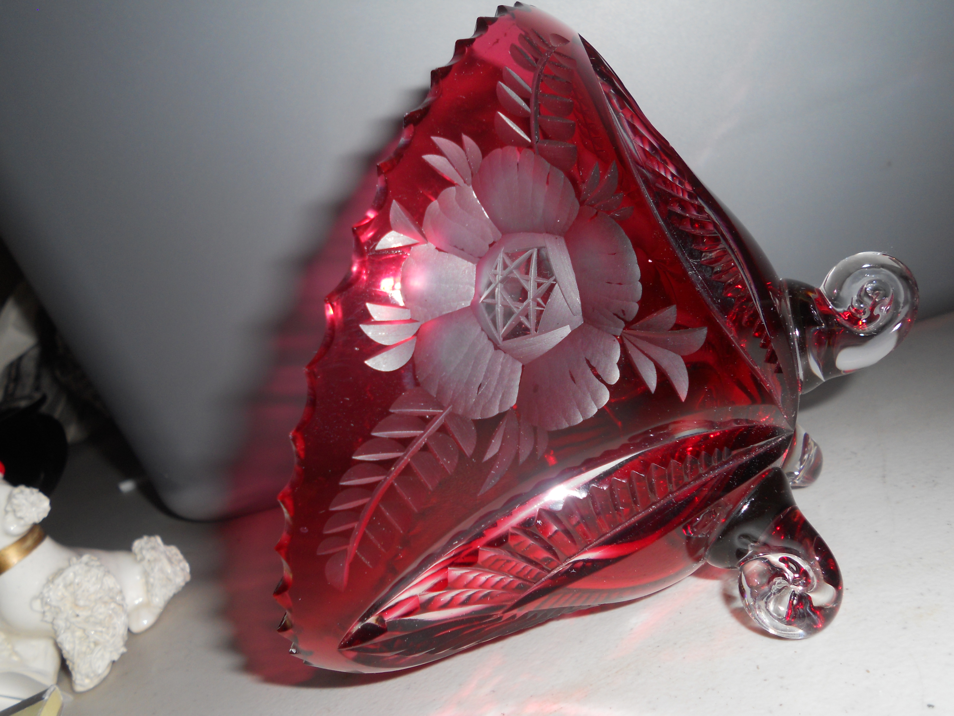 Cut Ruby Glass Footed Bowl Floral Star