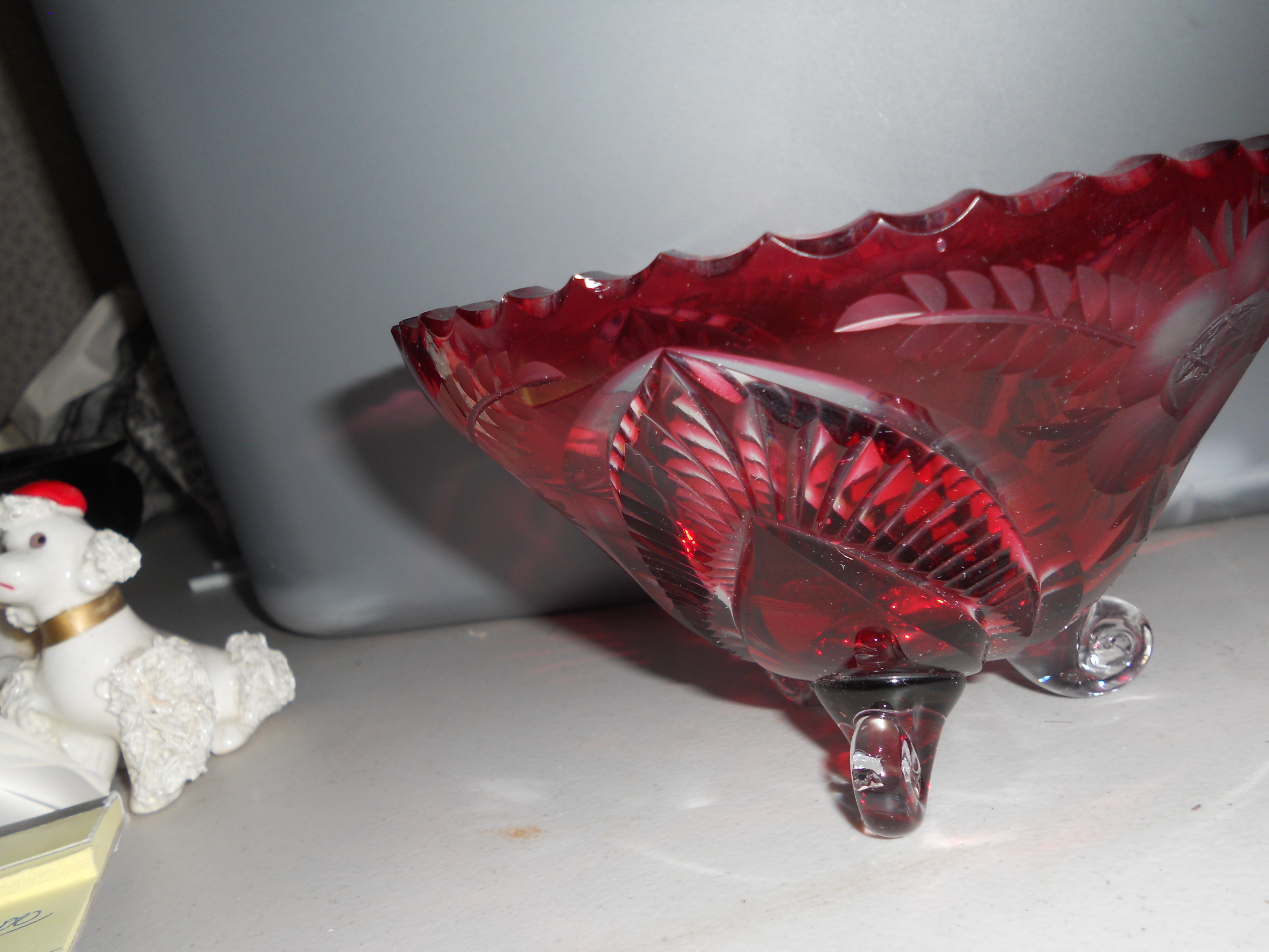 Cut Ruby Glass Footed Bowl Floral Star
