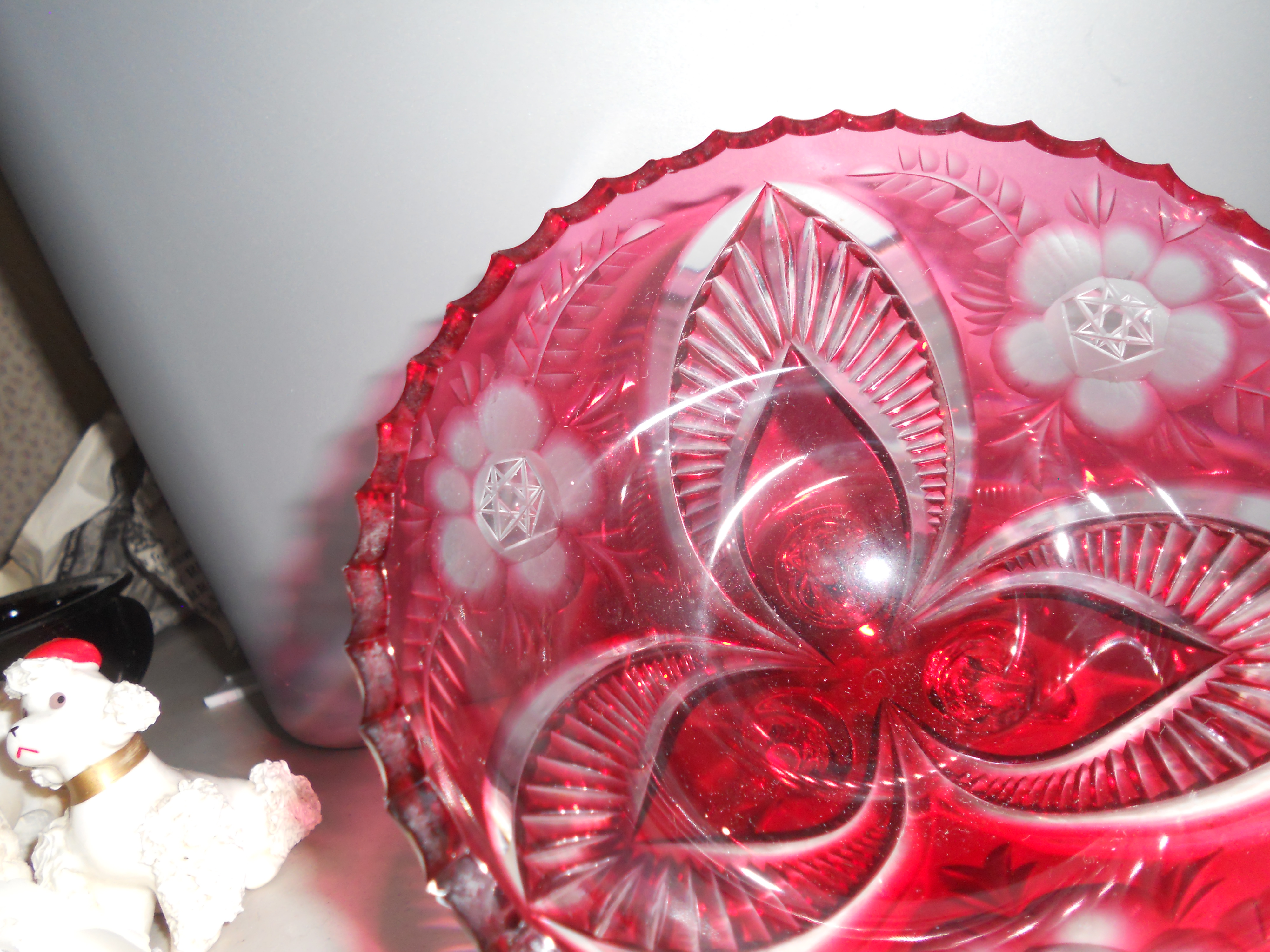 Cut Ruby Glass Footed Bowl Floral Star