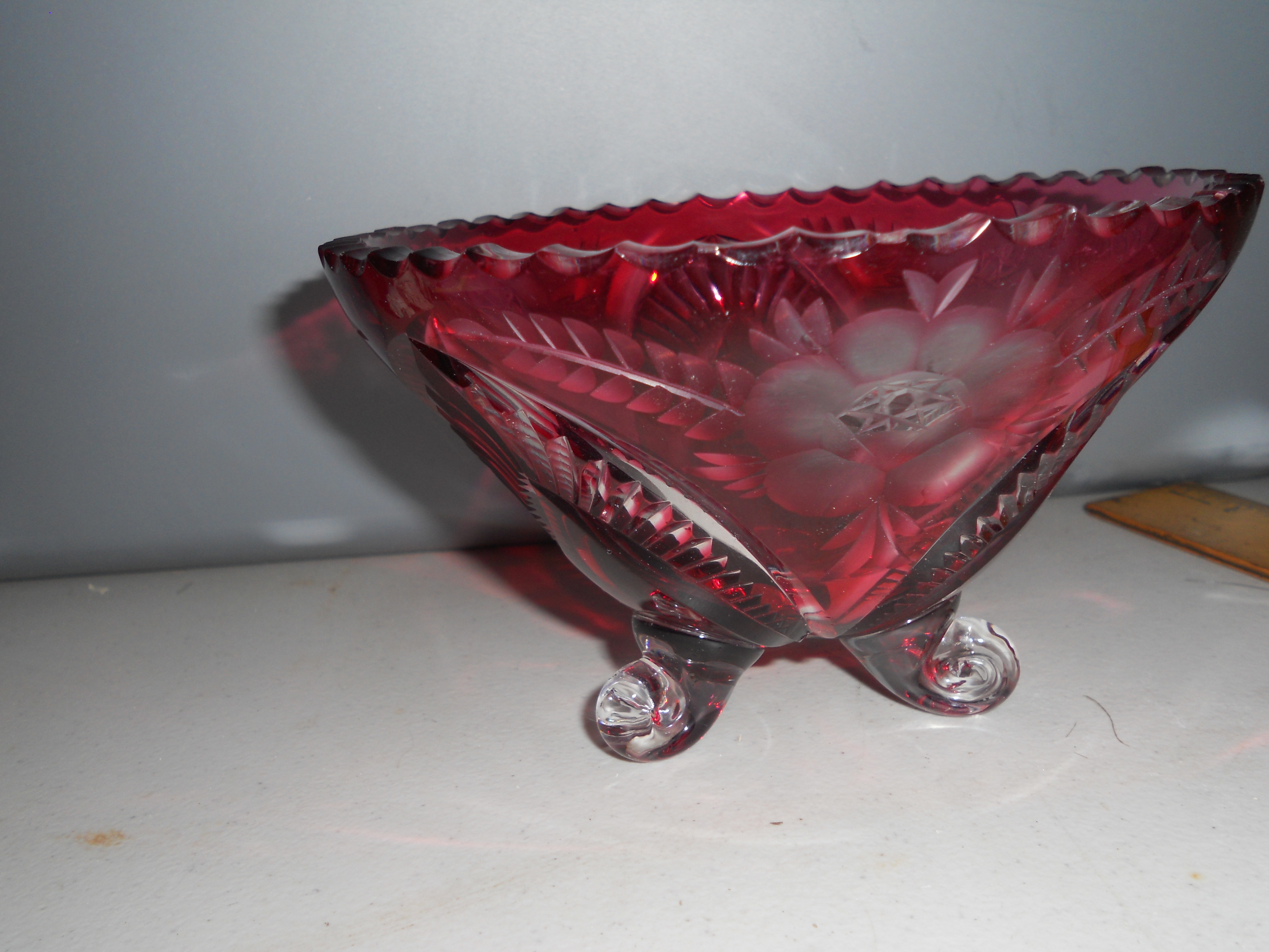 Cut Ruby Glass Footed Bowl Floral Star