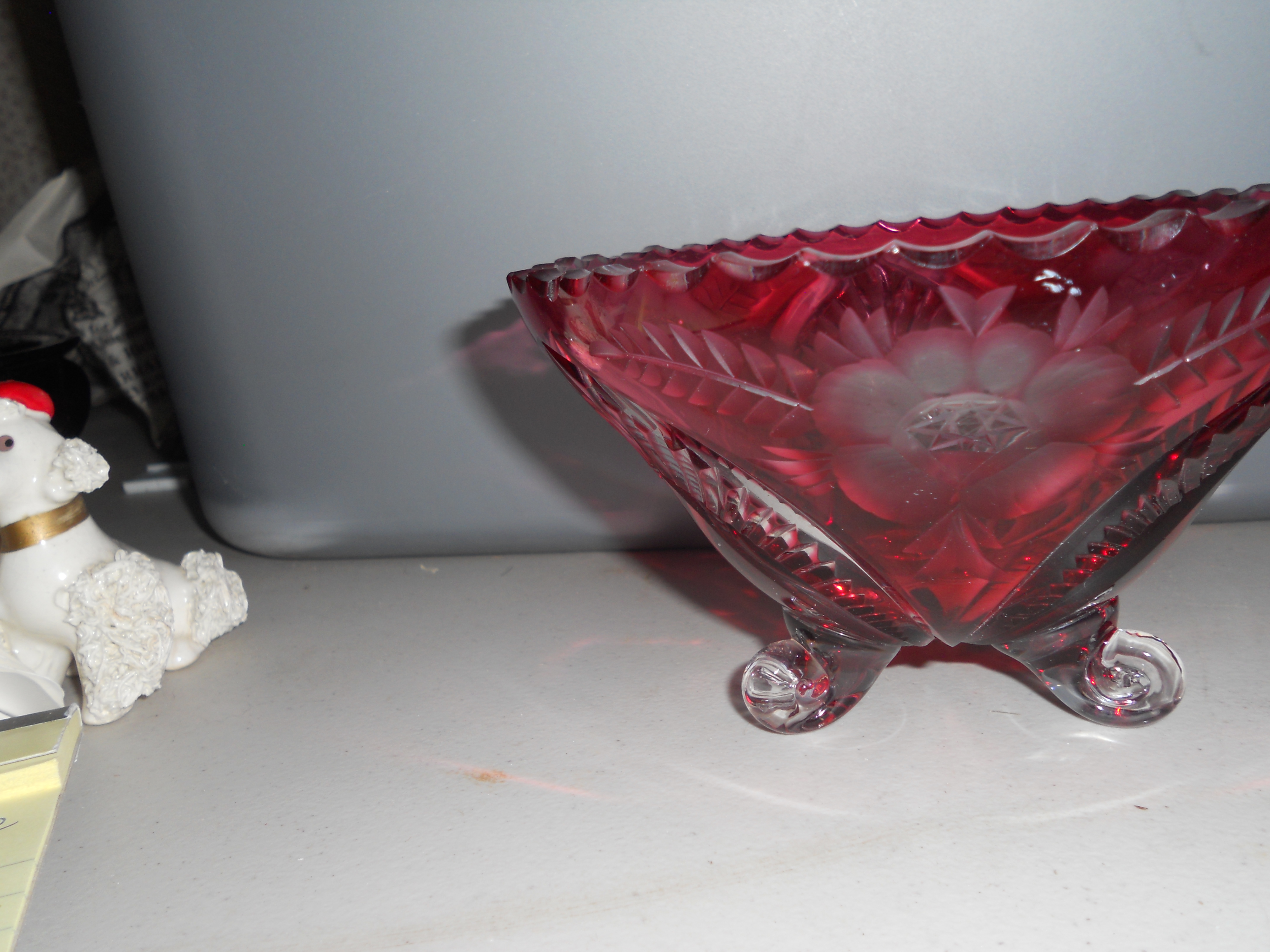 Cut Ruby Glass Footed Bowl Floral Star