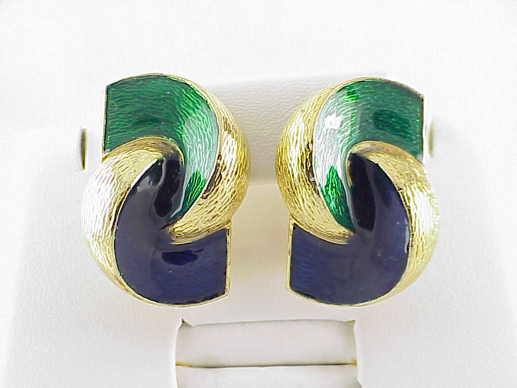 David Hill Large Blue And Green Enamel Clip Earrings