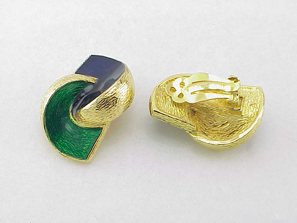 David Hill Large Blue And Green Enamel Clip Earrings