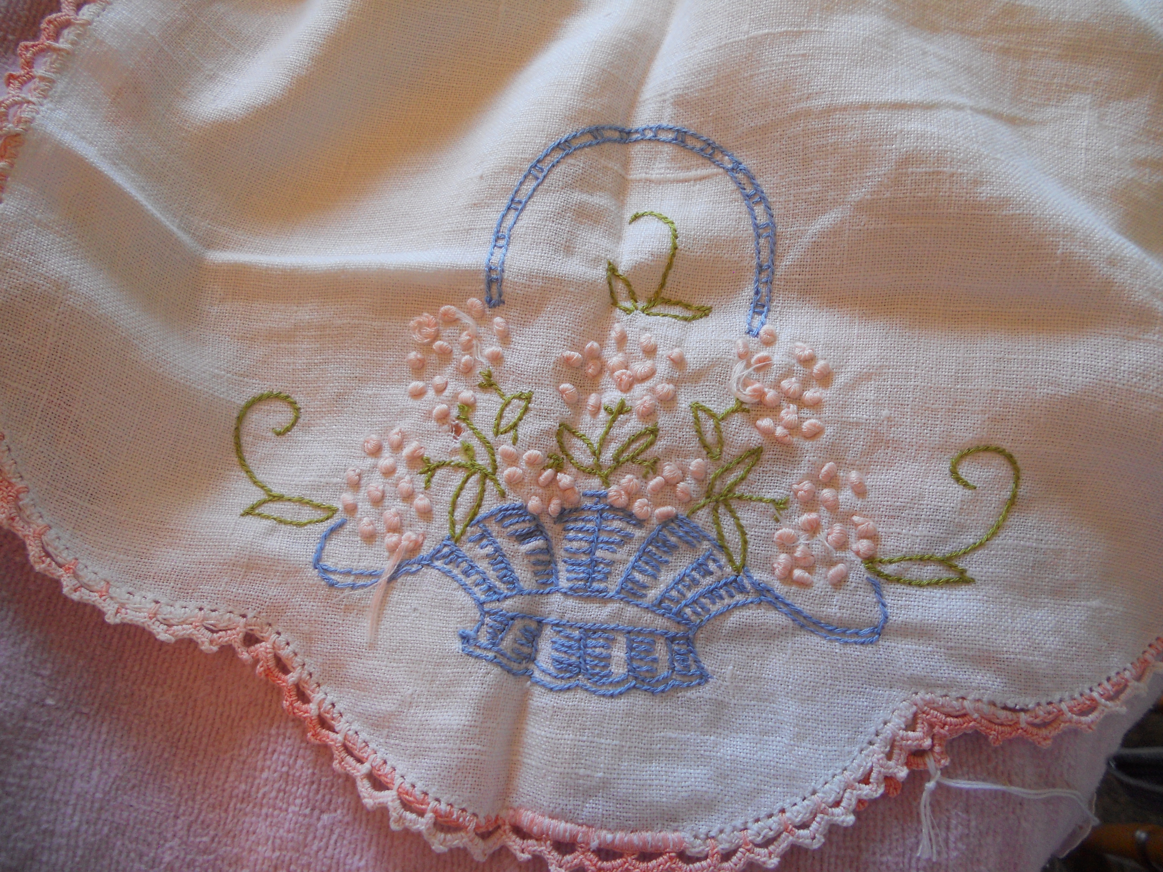 Linen Dresser Scarf Floral Embroidered