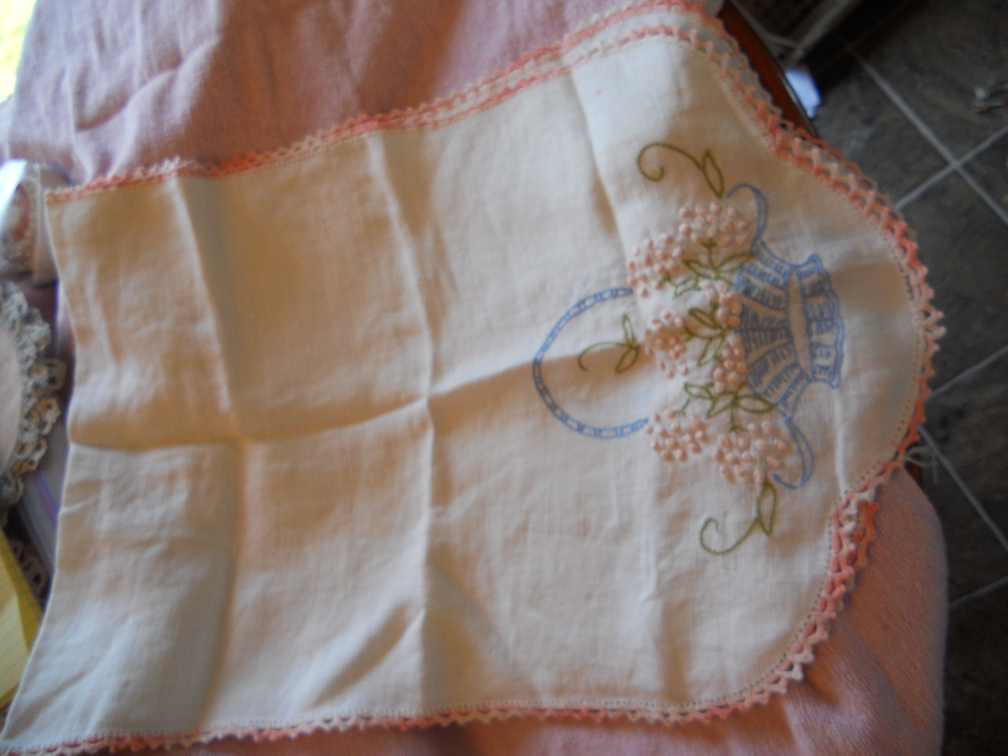 Linen Dresser Scarf Floral Embroidered