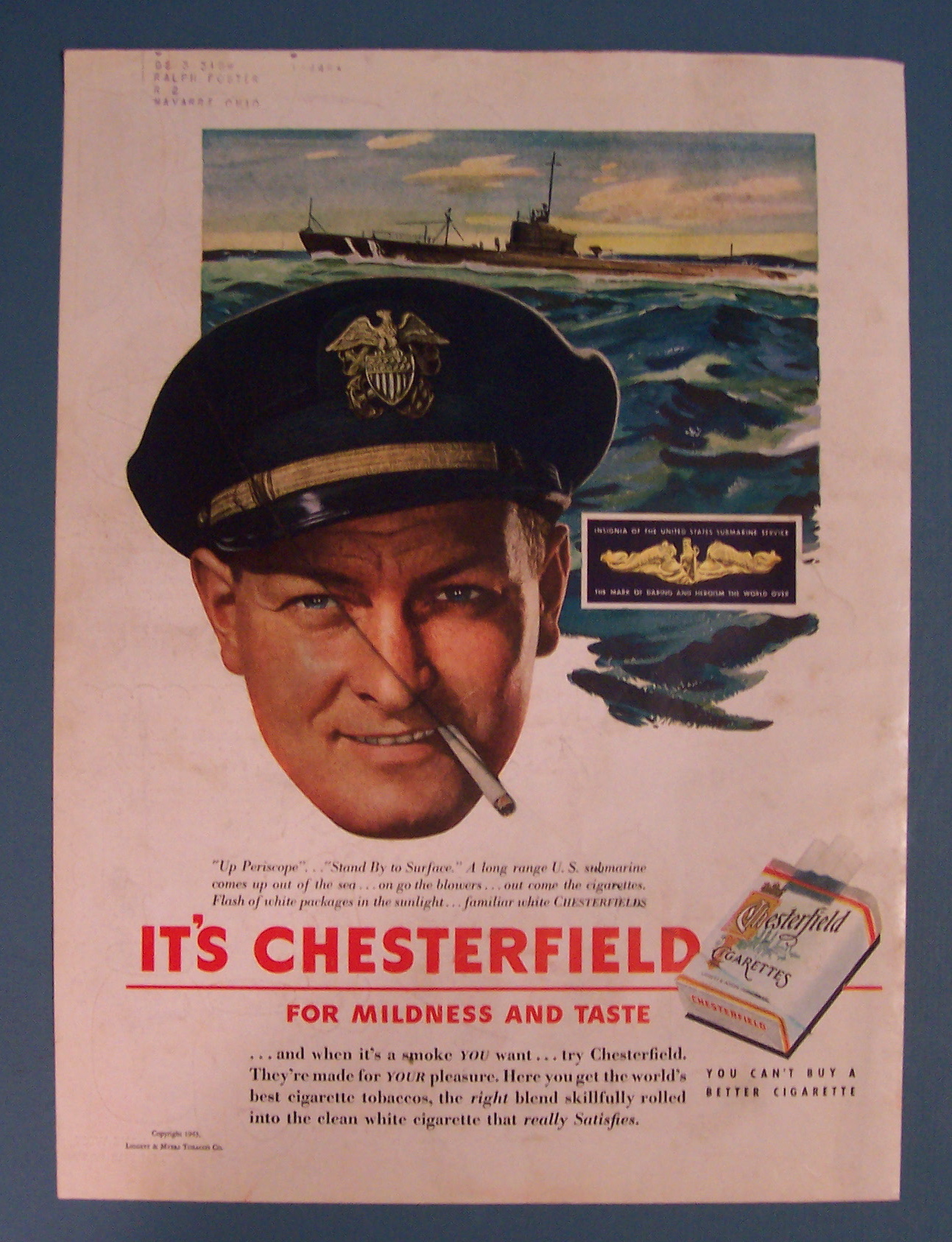 1943 Chesterfield Cigarettes w/ U. S. Submarine Service