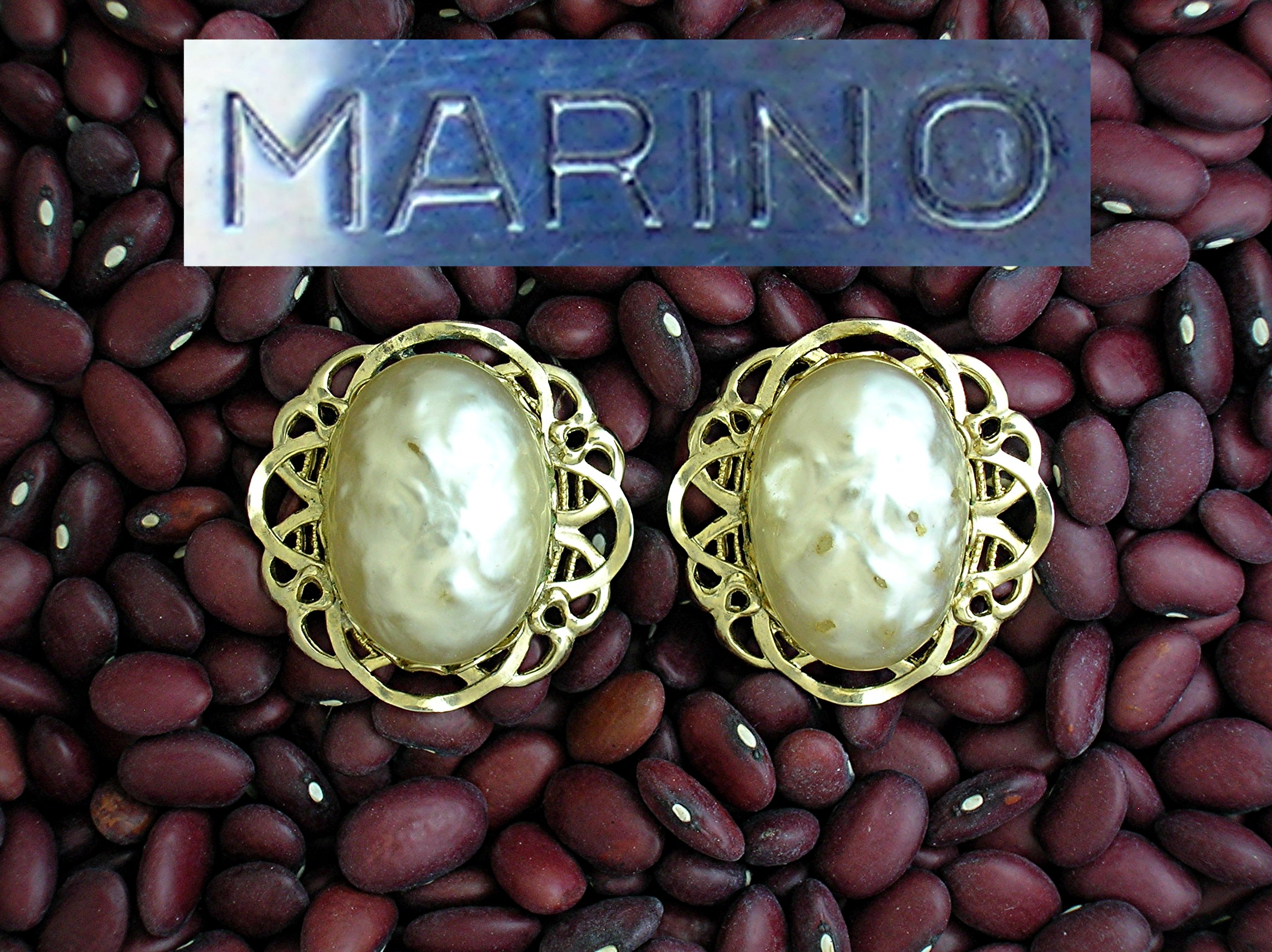 MARINO Clip Earrings Goldtone Filigree & Pearl