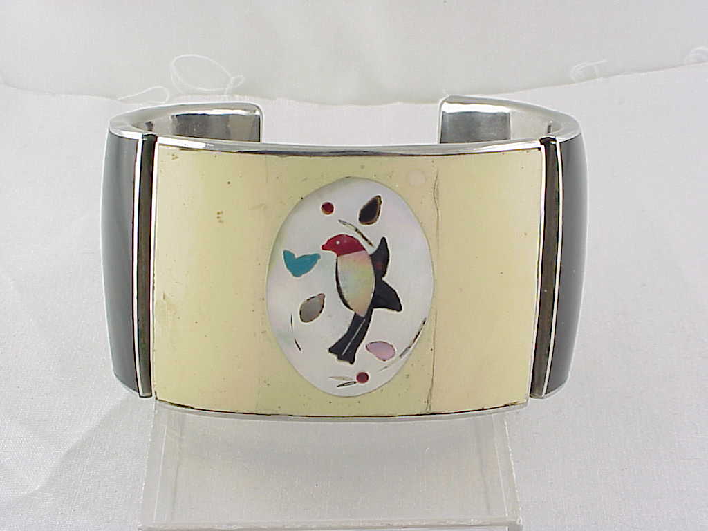 Possible Native American Inlaid Bird Design Cuff Bracelet