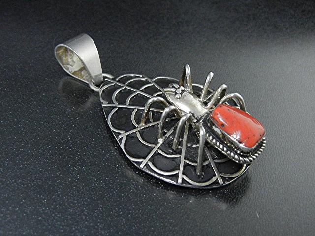 Navajo Sterling Silver Coral Spider and Web Pendant