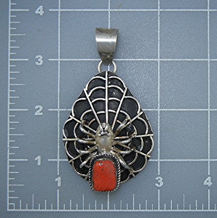 Navajo Sterling Silver Coral Spider and Web Pendant