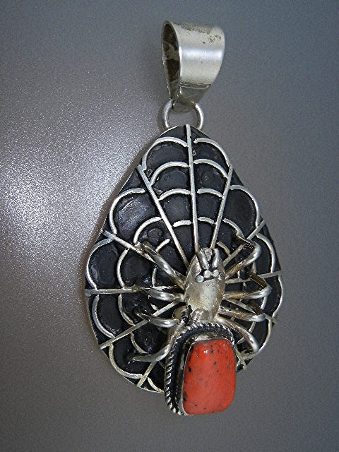 Navajo Sterling Silver Coral Spider and Web Pendant