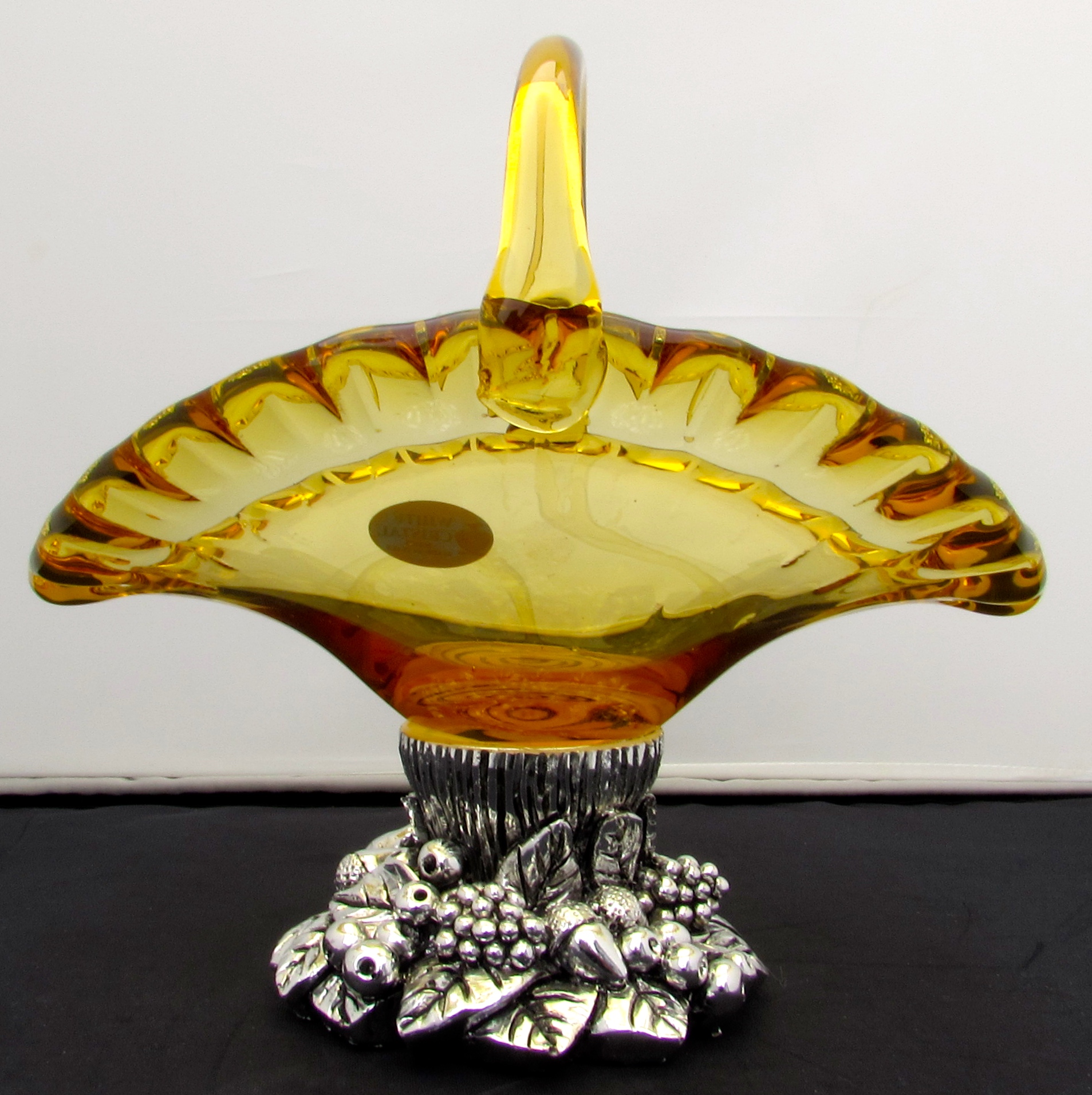 Murano White Crystal Basket Yellow Amber Pedestal Base