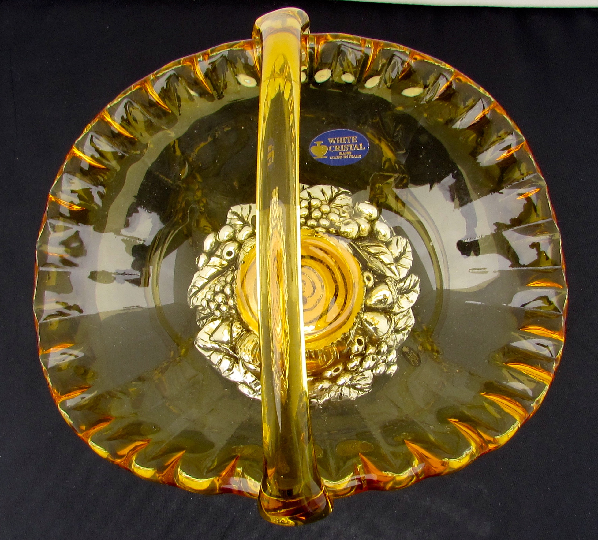 Murano White Crystal Basket Yellow Amber Pedestal Base
