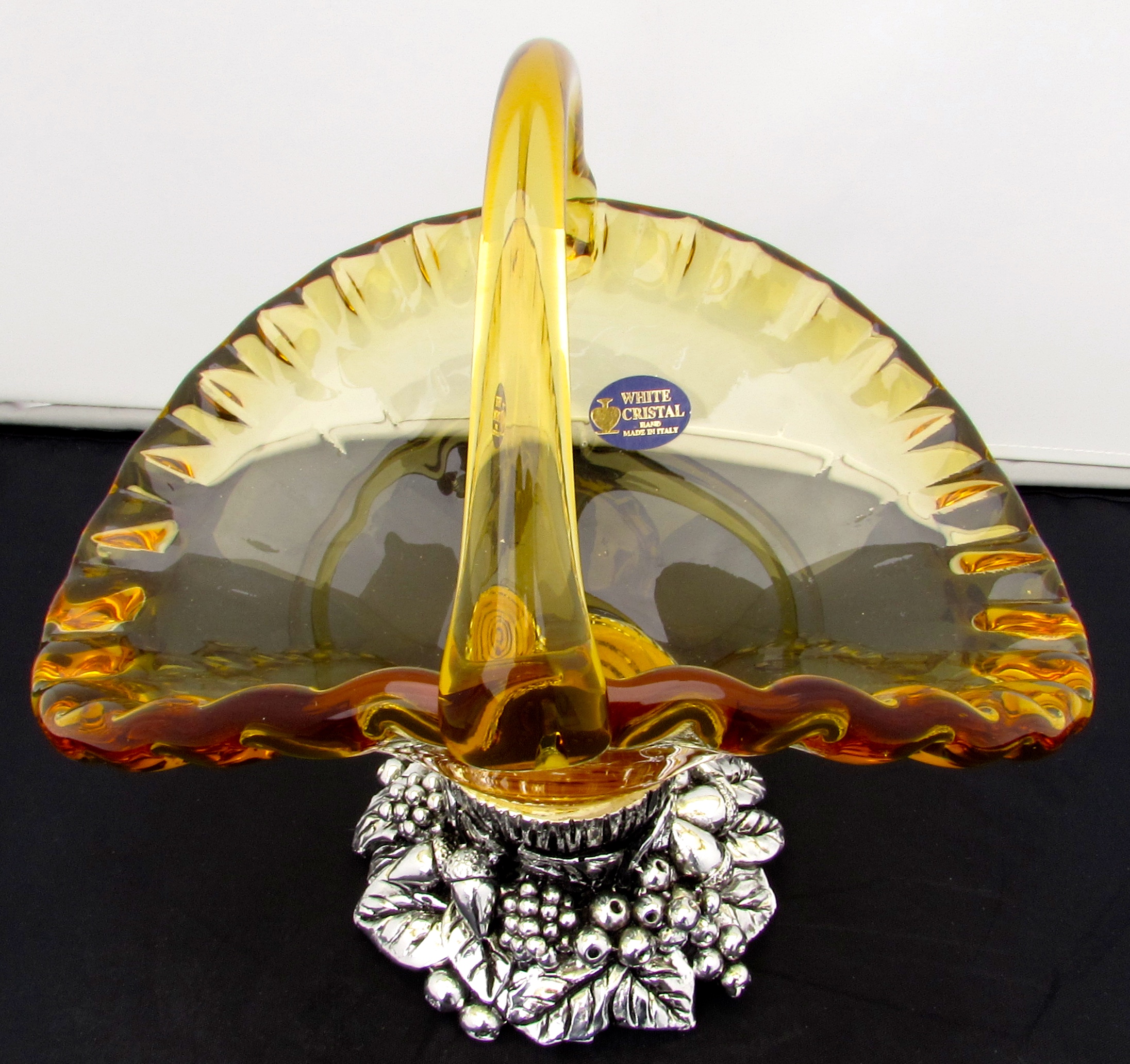 Murano White Crystal Basket Yellow Amber Pedestal Base