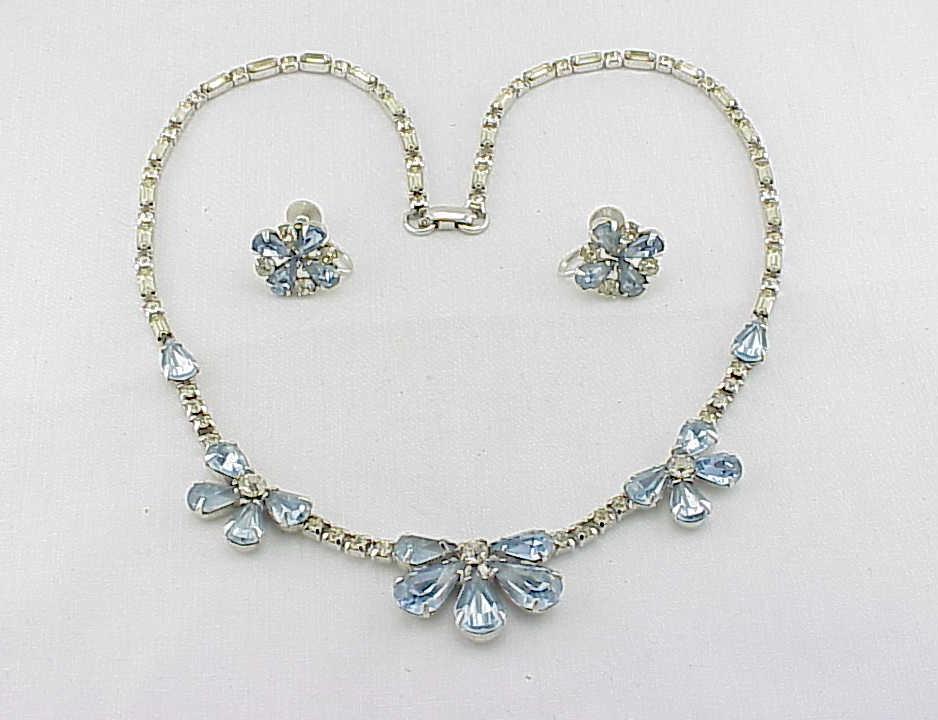Vintage Blue And Clear Rhinestone Necklace Screwback Earrings Set
