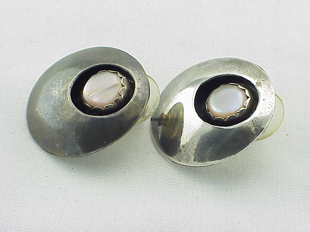 Native American Sterling Silver And Mother Of Pearl Pierced Earrings